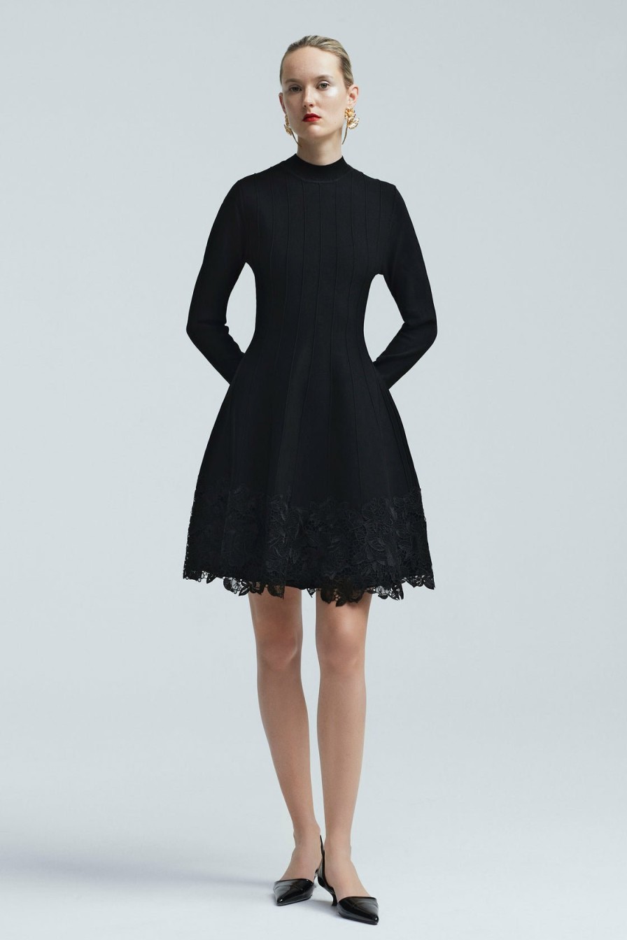 CLOTHING Lela Rose | Guipure Applique Knit Georgia Dress Black/Black