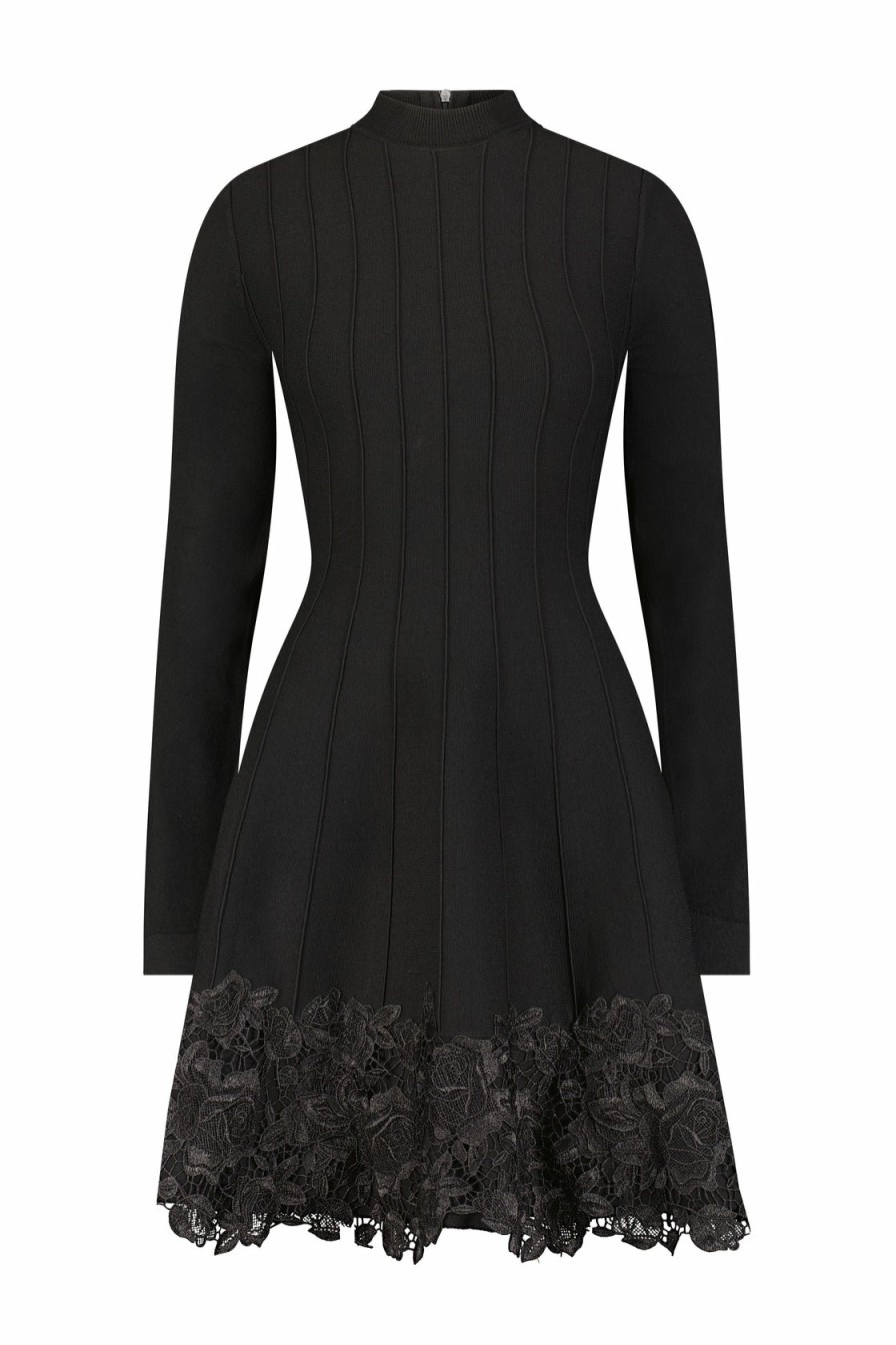 CLOTHING Lela Rose | Guipure Applique Knit Georgia Dress Black/Black