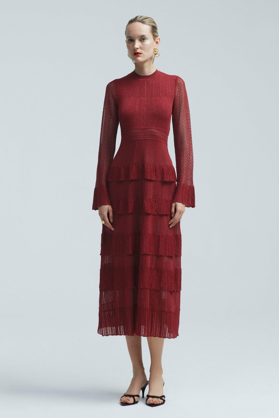 CLOTHING Lela Rose | Ruffle Detail Knit Piper Dress Scarlet