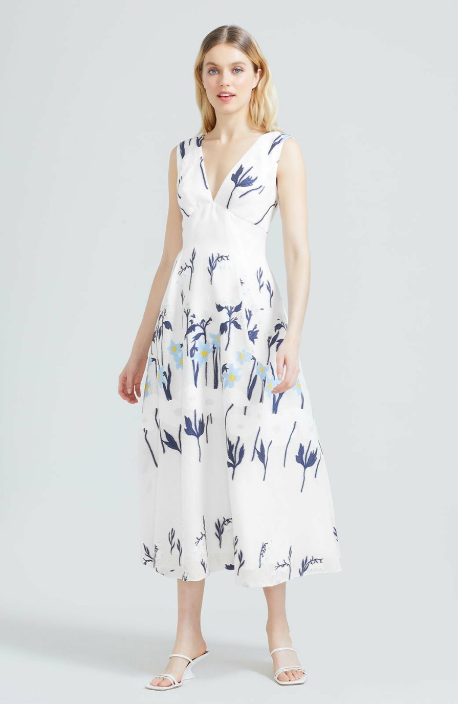 CLOTHING Lela Rose | Garden Fil Coupe V-Neck Midi Dress White