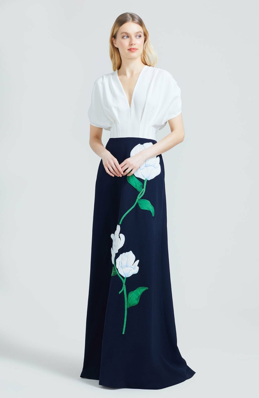 CLOTHING Lela Rose | Floral Embroidered Fluid Crepe V-Neck Gown Navy/Ivory