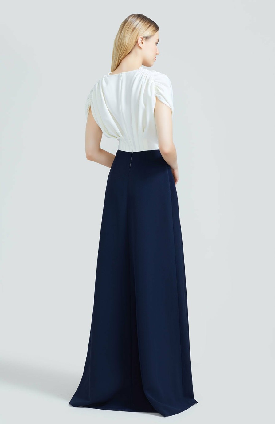 CLOTHING Lela Rose | Floral Embroidered Fluid Crepe V-Neck Gown Navy/Ivory