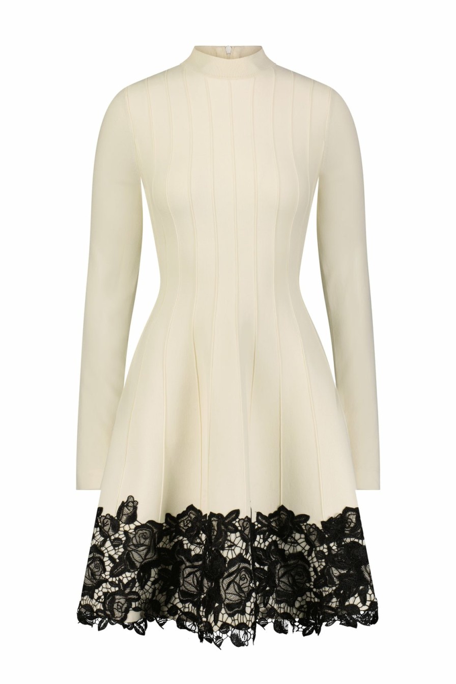 CLOTHING Lela Rose | Guipure Applique Knit Georgia Dress Ivory/Black