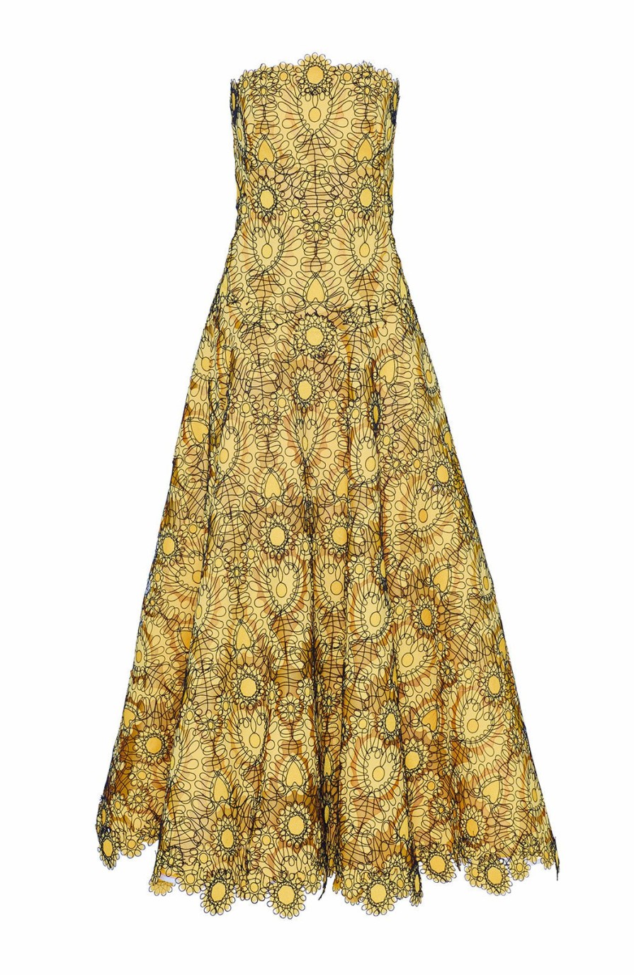 CLOTHING Lela Rose | Corded Heart Lace Strapless Full Skirt Dress Goldenrod