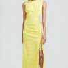 CLOTHING Lela Rose | Featherweight Gingham Ruched Seamed Midi Dress Lemon