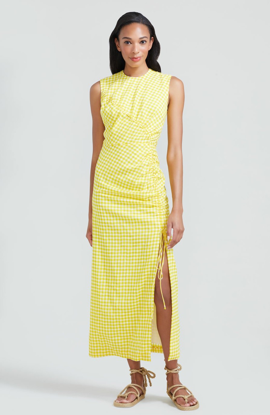 CLOTHING Lela Rose | Featherweight Gingham Ruched Seamed Midi Dress Lemon