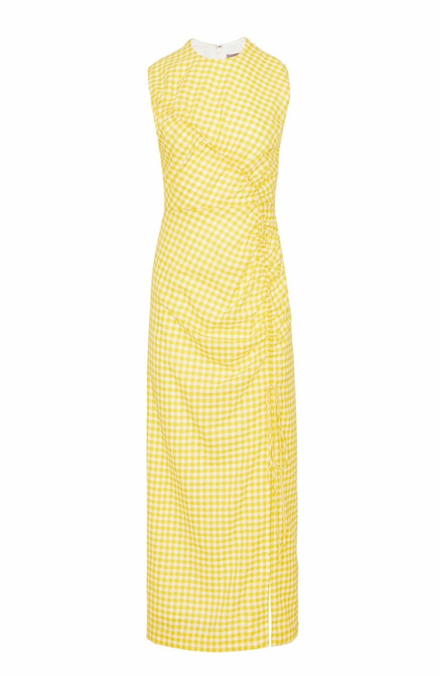 CLOTHING Lela Rose | Featherweight Gingham Ruched Seamed Midi Dress Lemon