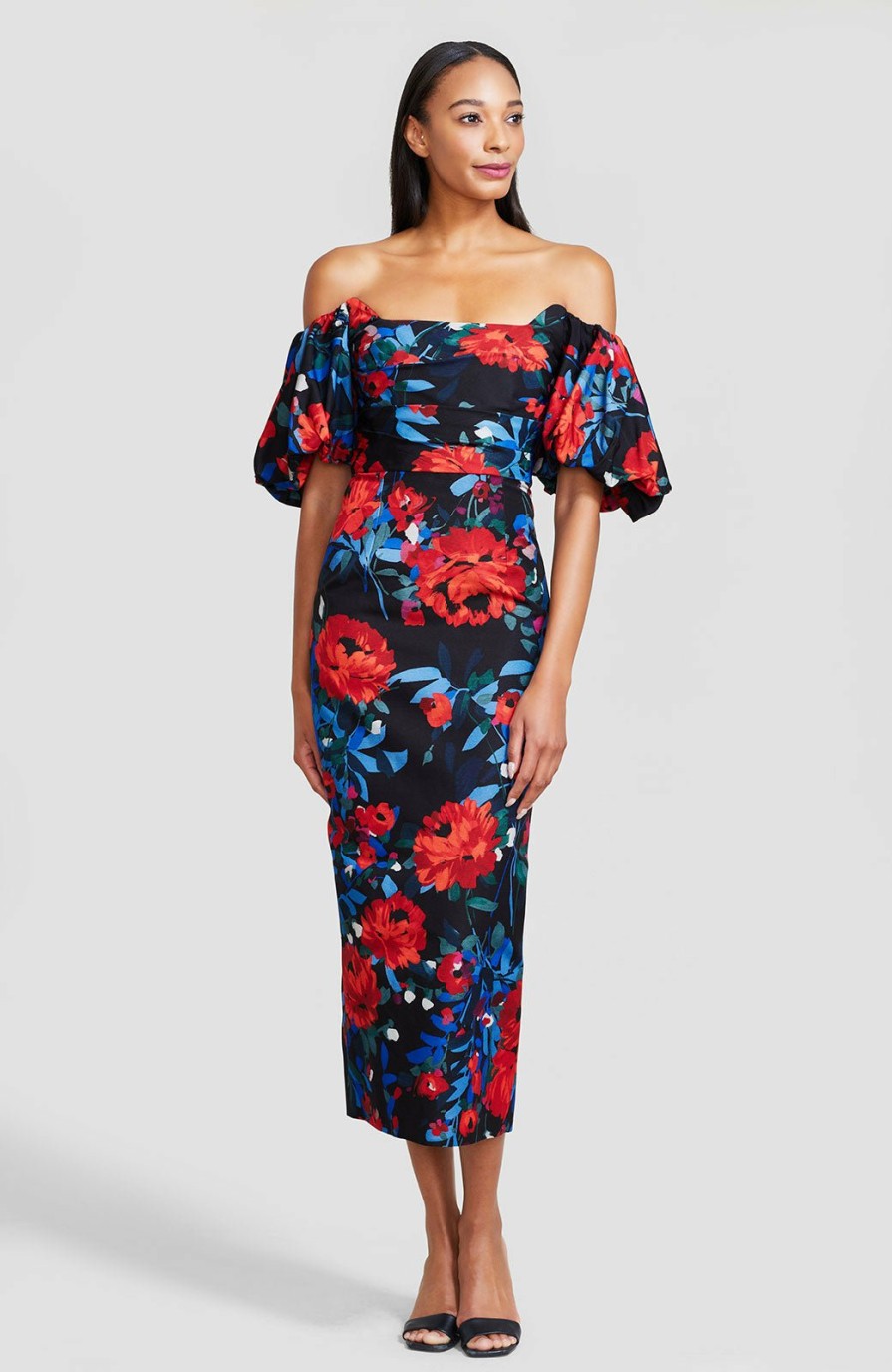 CLOTHING Lela Rose | Floral Ottoman Puff Sleeve Sheath Black Multi