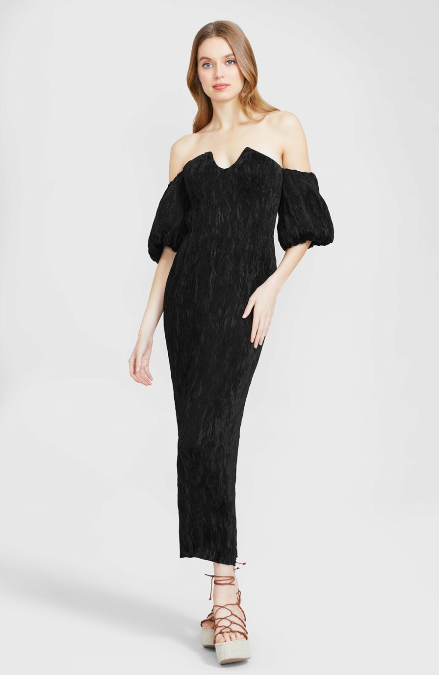 CLOTHING Lela Rose | Crushed Plisse Off The Shoulder Sheath Black