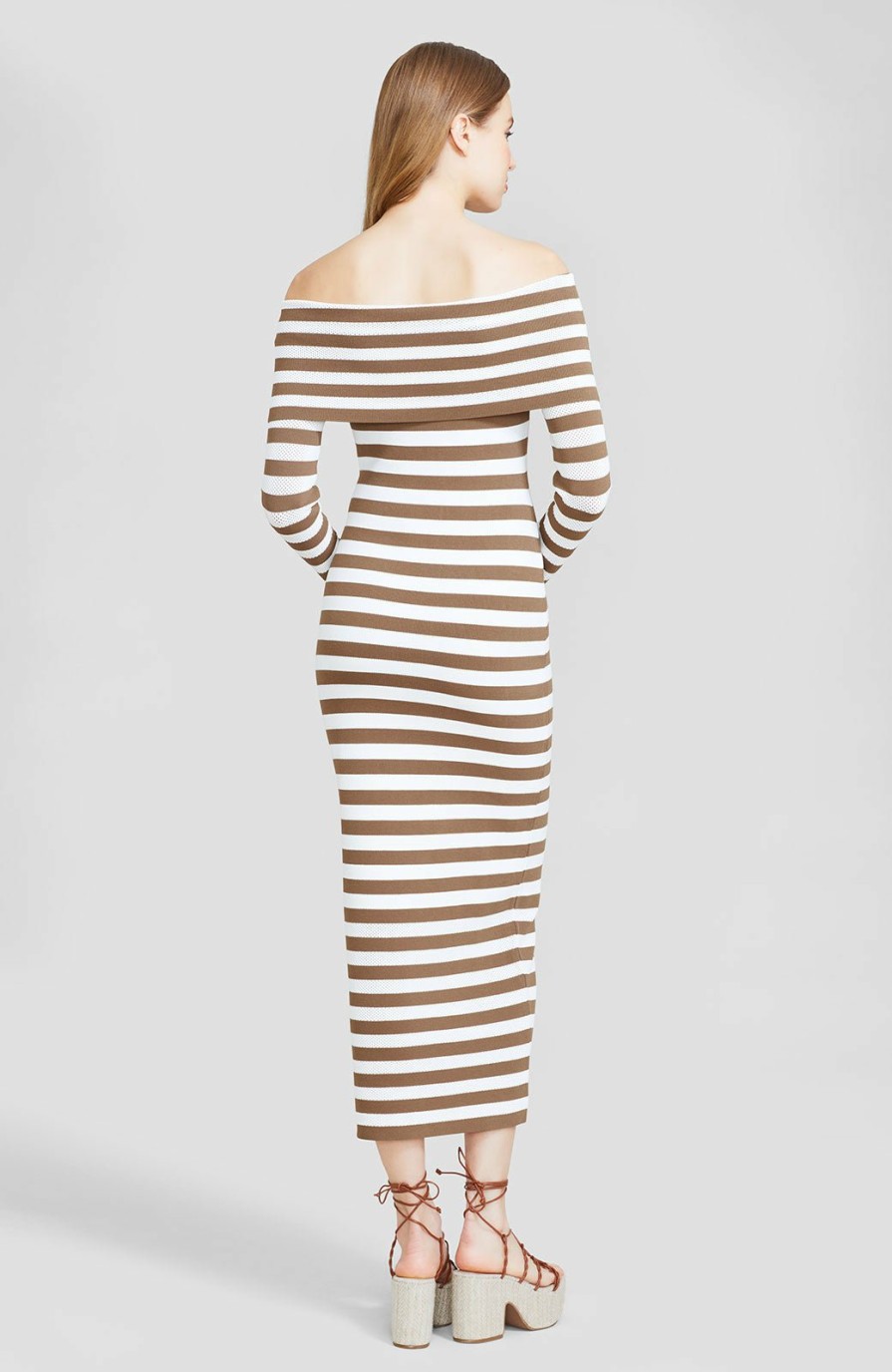 CLOTHING Lela Rose | Pointelle Stripe Knit Off The Shoulder Dress Sandalwood/Ivory