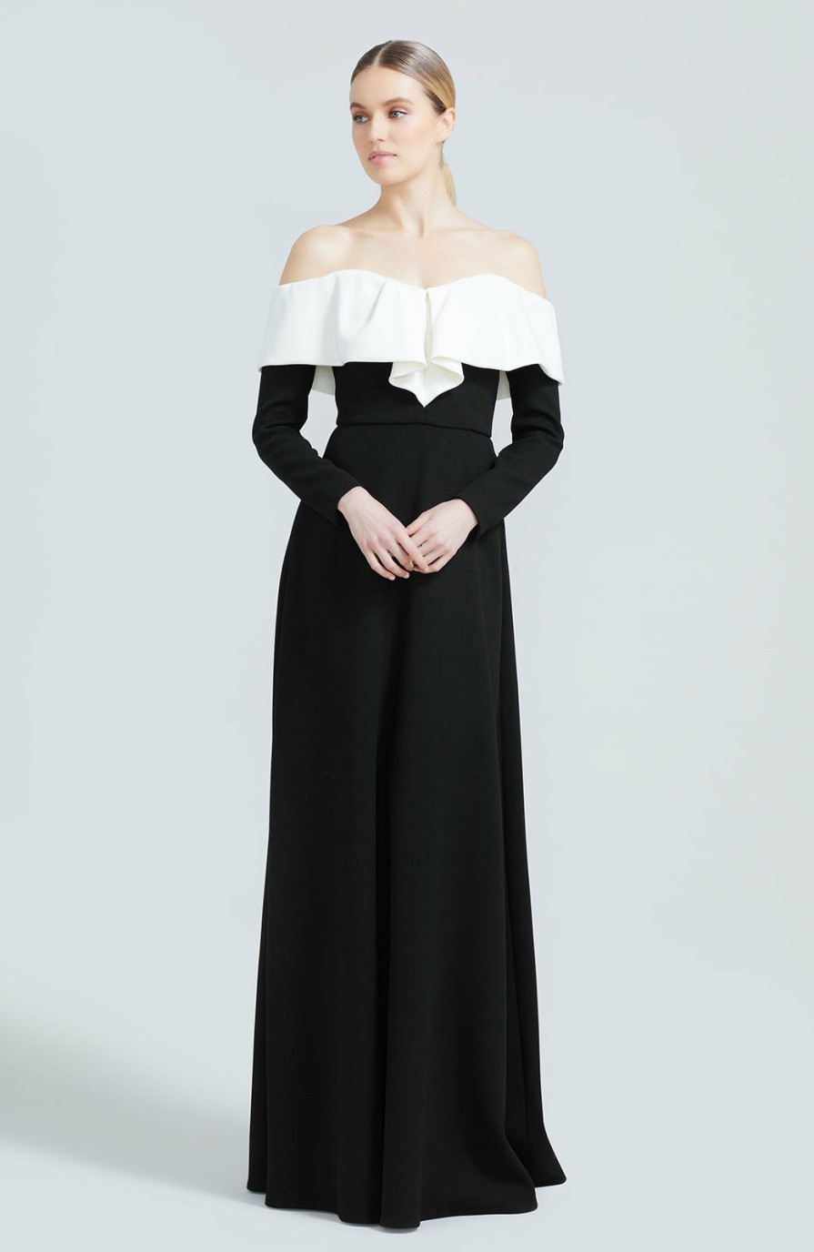 CLOTHING Lela Rose | Wool Crepe Bow Front Gown Black/Ivory