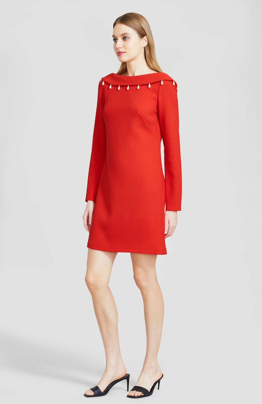 CLOTHING Lela Rose | Pearl Detail Wool Crepe Low Back Shift Dress Red