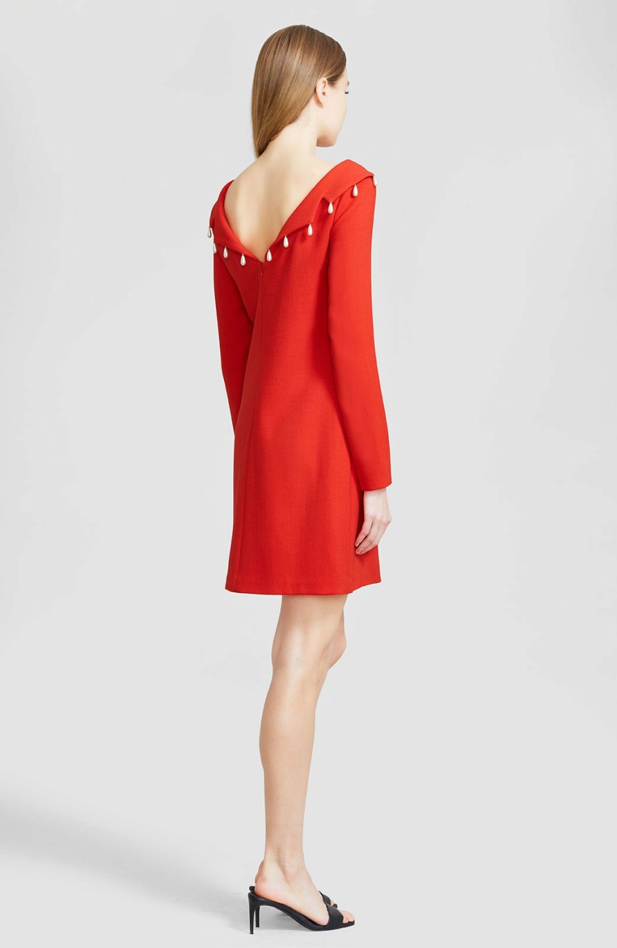 CLOTHING Lela Rose | Pearl Detail Wool Crepe Low Back Shift Dress Red