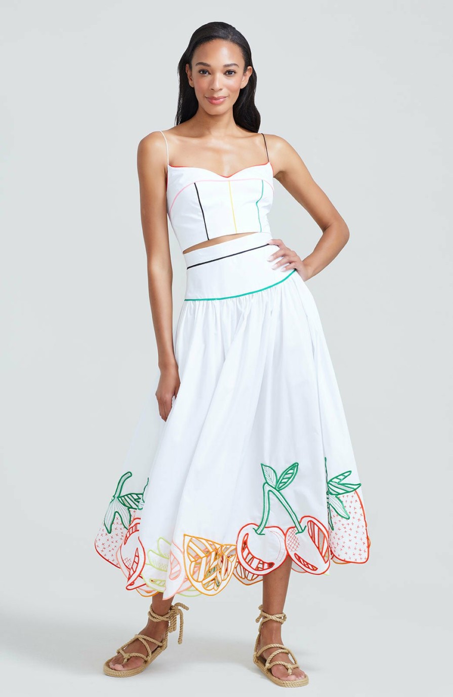 CLOTHING Lela Rose | Fruit Embroidered Cotton Poplin Full Skirt