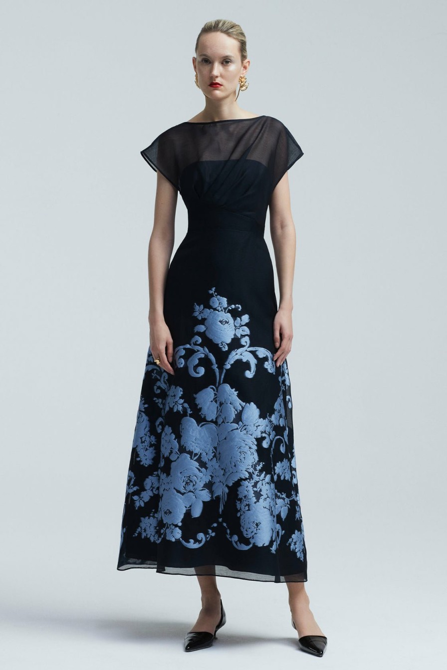 CLOTHING Lela Rose | Baroque Floral Fil Coupe Evelyn Dress Navy