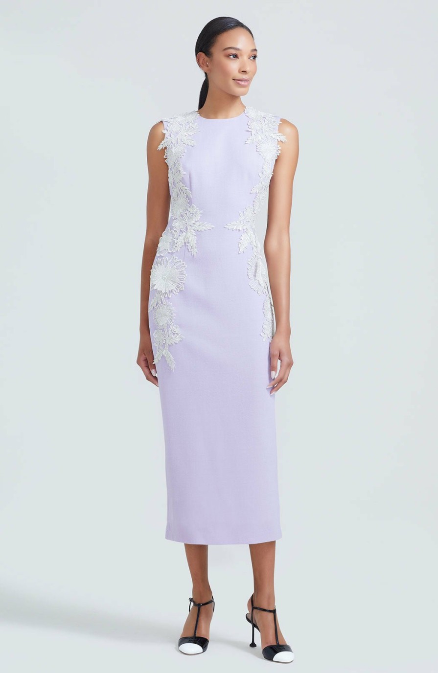 CLOTHING Lela Rose | Guipure Appliqued Wool Crepe Jewel Neck Sheath