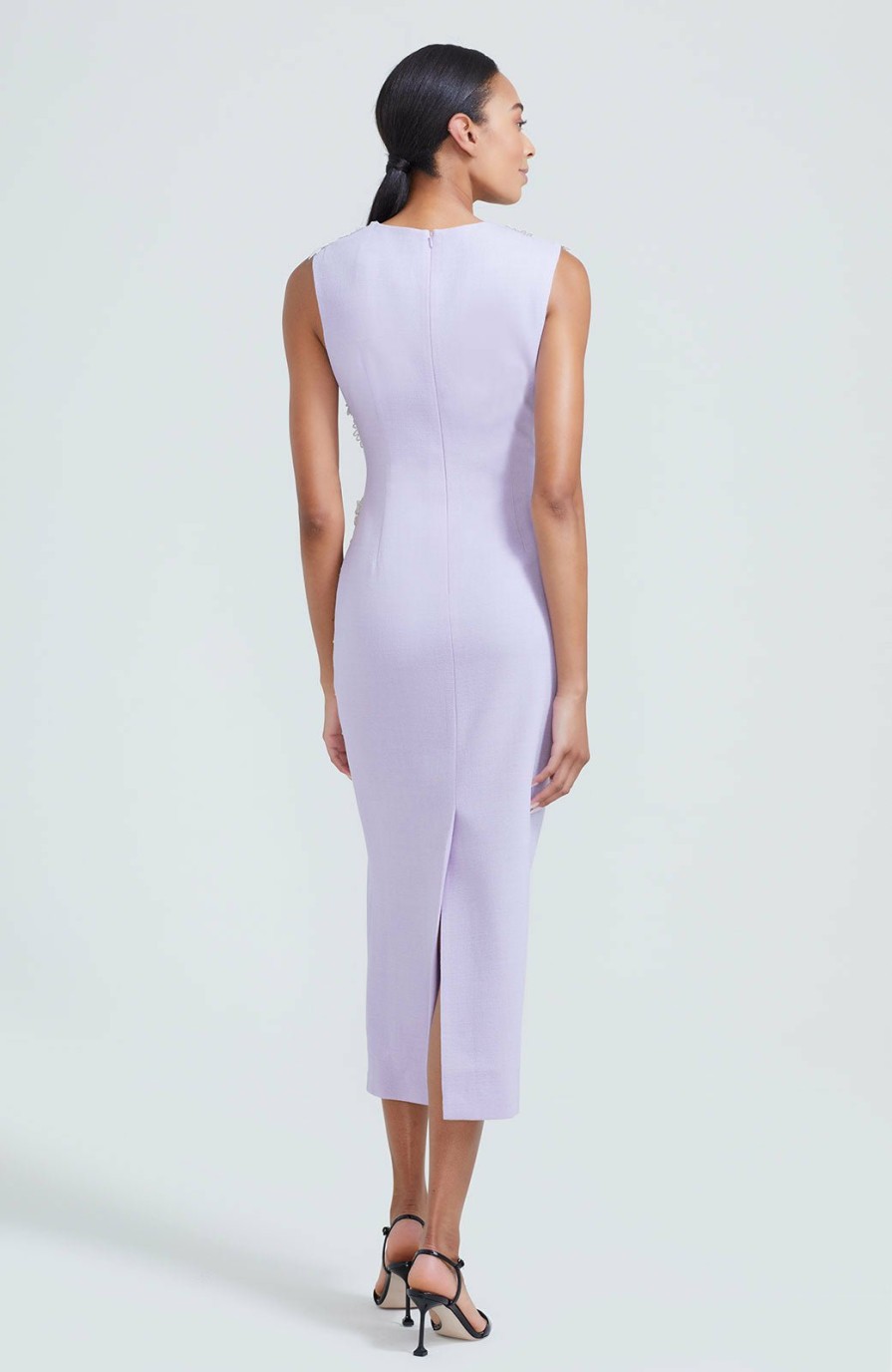 CLOTHING Lela Rose | Guipure Appliqued Wool Crepe Jewel Neck Sheath