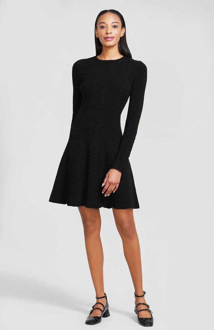 CLOTHING Lela Rose | Embroidered Seam Rib Knit Fit And Flare Dress Black