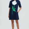 CLOTHING Lela Rose | Floral Embroidered Fluid Crepe Tunic Dress Navy