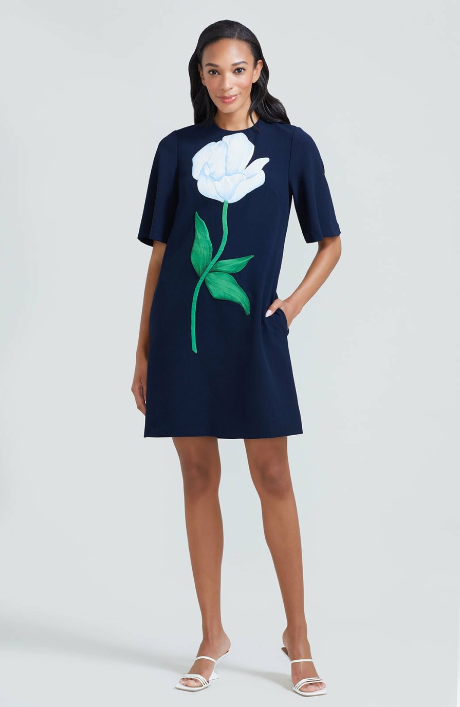 CLOTHING Lela Rose | Floral Embroidered Fluid Crepe Tunic Dress Navy