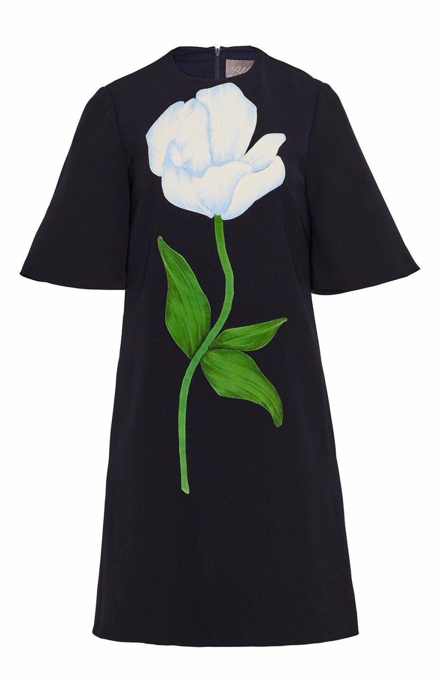 CLOTHING Lela Rose | Floral Embroidered Fluid Crepe Tunic Dress Navy