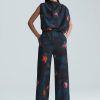 CLOTHING Lela Rose | Floral Printed Crepe Draped Bow Detail Top Ocean