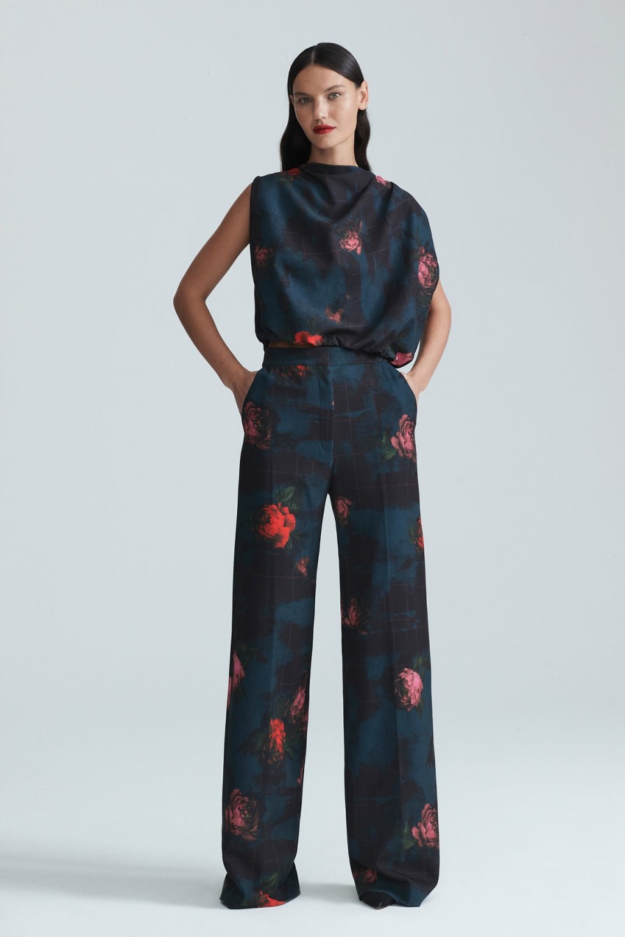 CLOTHING Lela Rose | Floral Printed Crepe Draped Bow Detail Top Ocean