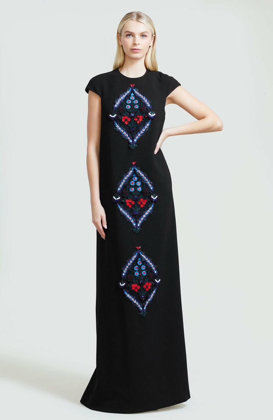 CLOTHING Lela Rose | Embroidered Wool Crepe Cap Sleeve Caftan Gown Black