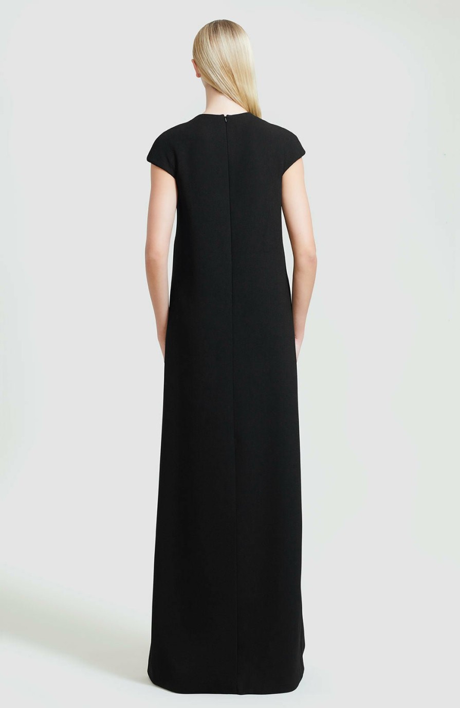 CLOTHING Lela Rose | Embroidered Wool Crepe Cap Sleeve Caftan Gown Black