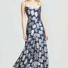 CLOTHING Lela Rose | Floral Metallic Jacquard Cowl Neck Midi Dress Navy