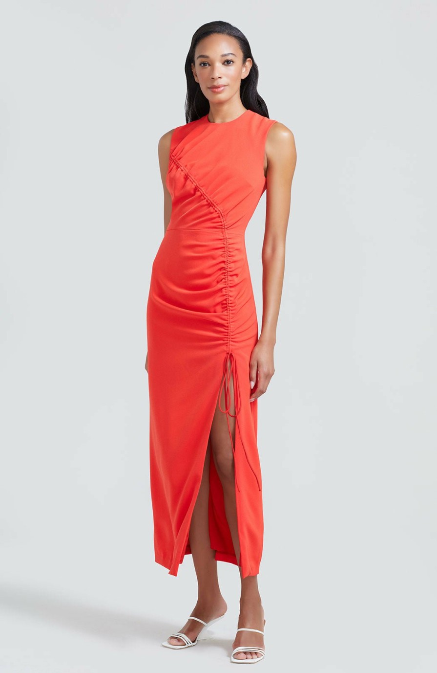 CLOTHING Lela Rose | Fluid Crepe Ruched Seamed Midi Dress Cherry