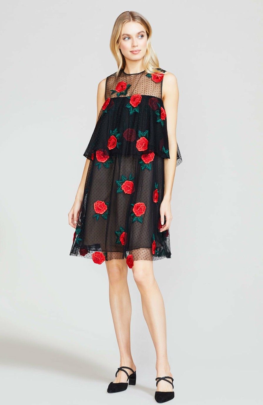 CLOTHING Lela Rose | Rose Embroidered Tulle Tiered A-Line Dress Cardinal