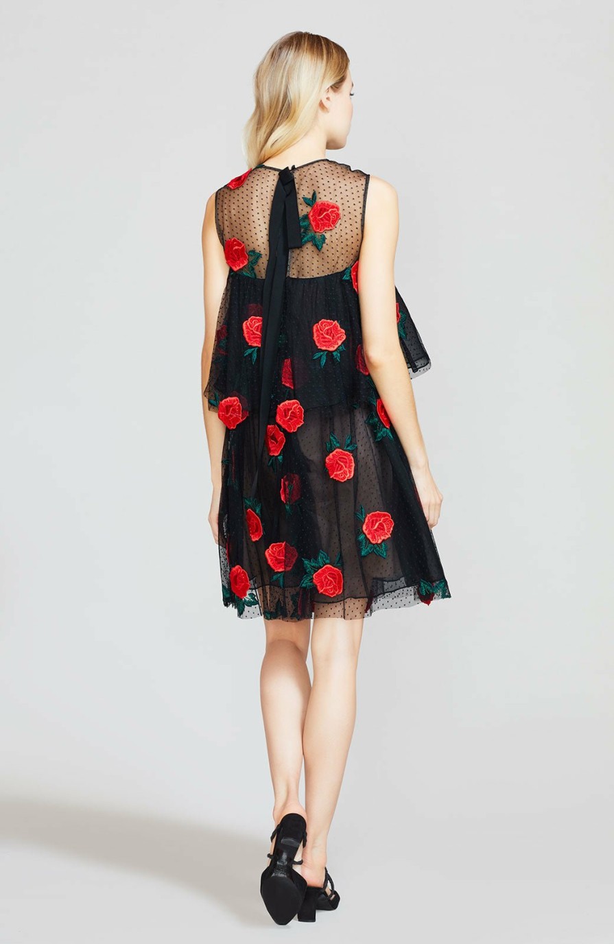 CLOTHING Lela Rose | Rose Embroidered Tulle Tiered A-Line Dress Cardinal