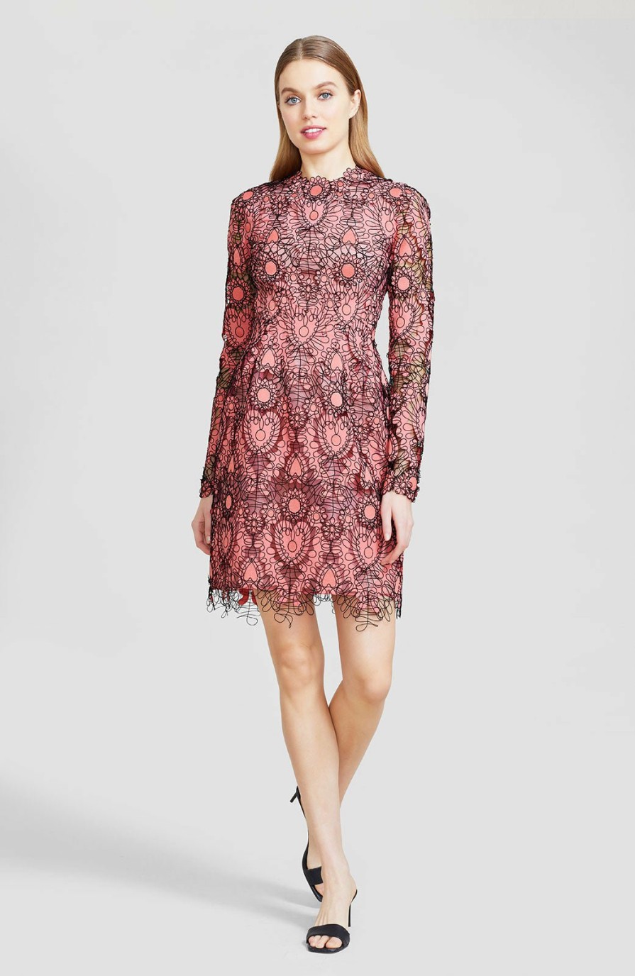 CLOTHING Lela Rose | Corded Heart Lace Long Sleeve Seamed Dress Salmon