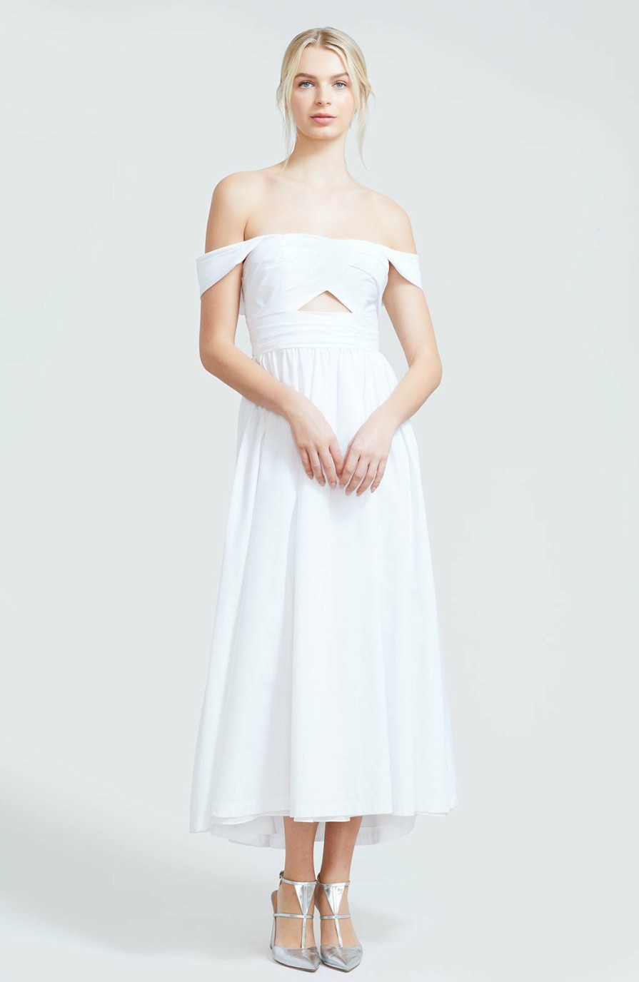 CLOTHING Lela Rose | Cotton Poplin Off The Shoulder Keyhole Dress White