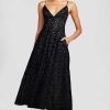 CLOTHING Lela Rose | Flocked Velvet Lace V-Neck Midi Dress Black