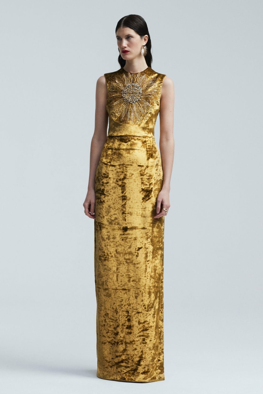 CLOTHING Lela Rose | Embroidered Velvet Sleeveless Gown