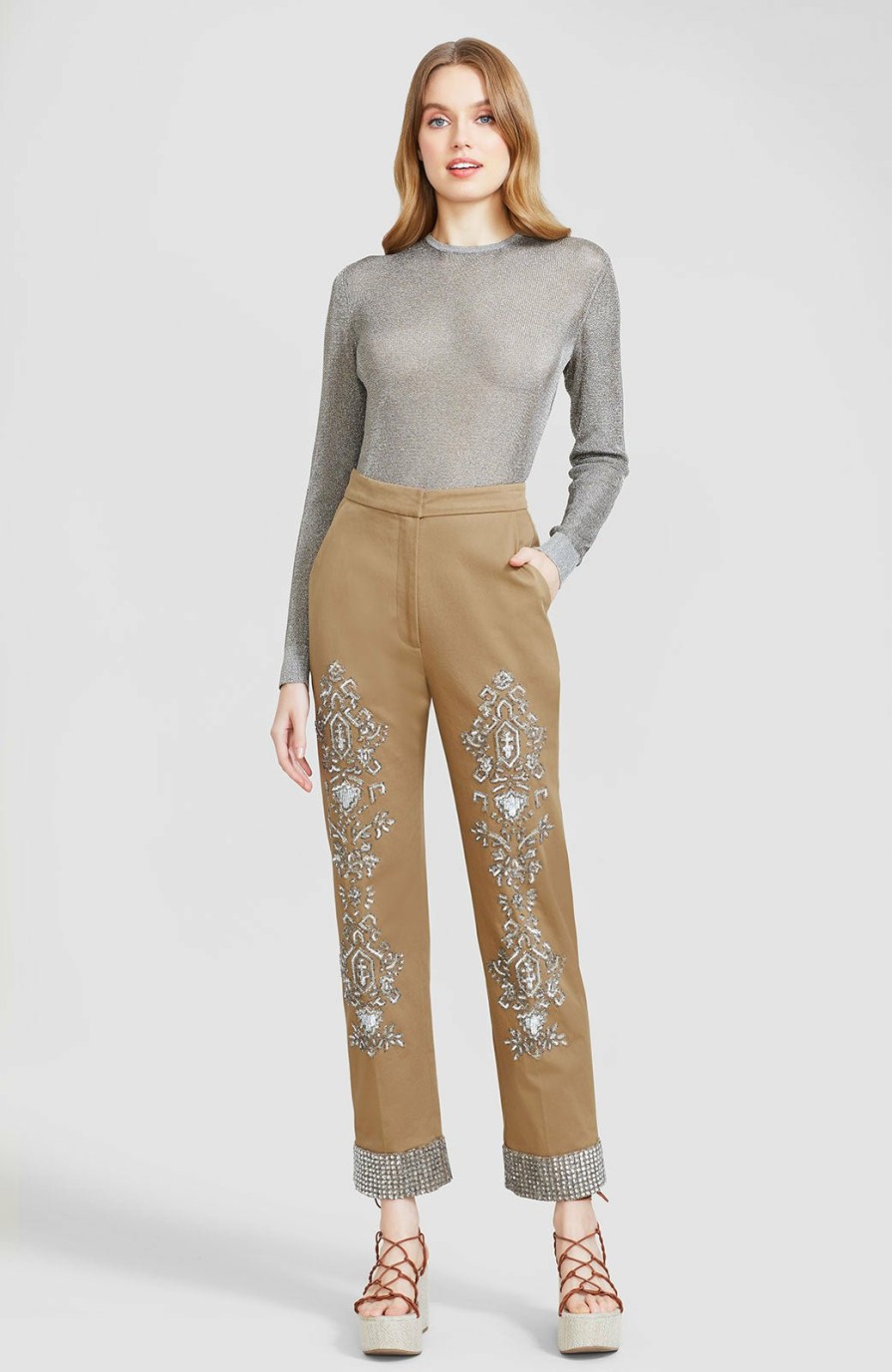 CLOTHING Lela Rose | Embroidered Canvas Twill Straight Leg Pant Sandalwood