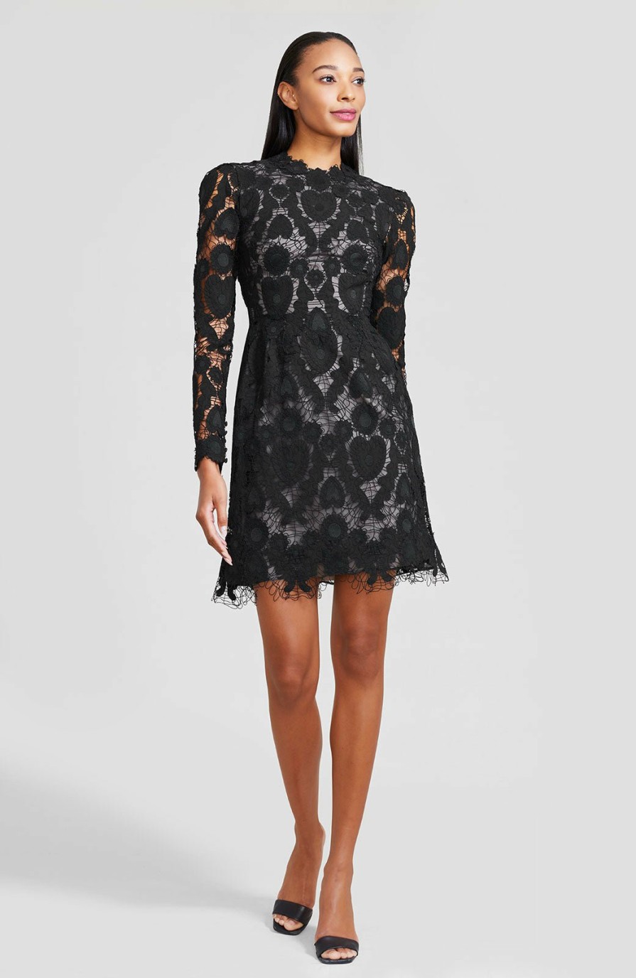 CLOTHING Lela Rose | Corded Heart Lace Long Sleeve Seamed Dress Black