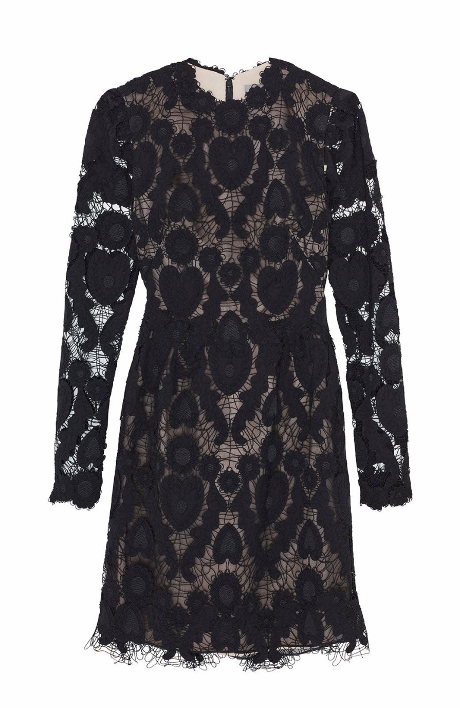 CLOTHING Lela Rose | Corded Heart Lace Long Sleeve Seamed Dress Black