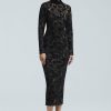 CLOTHING Lela Rose | Metallic Jacquard Knit Long Sleeve Mock Neck Midi Dress Black