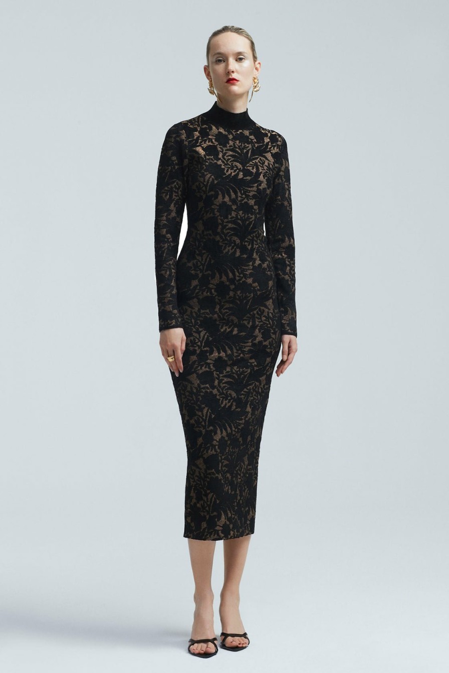 CLOTHING Lela Rose | Metallic Jacquard Knit Long Sleeve Mock Neck Midi Dress Black