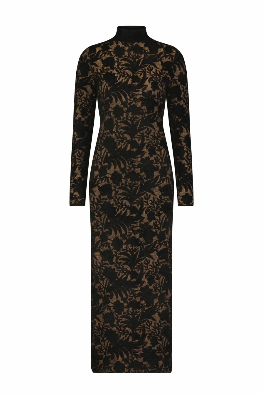 CLOTHING Lela Rose | Metallic Jacquard Knit Long Sleeve Mock Neck Midi Dress Black