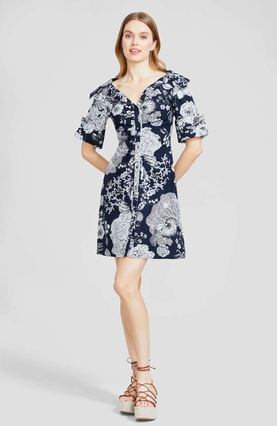 CLOTHING Lela Rose | Seascape Cotton Poplin Open Neck Shirt Dress Navy