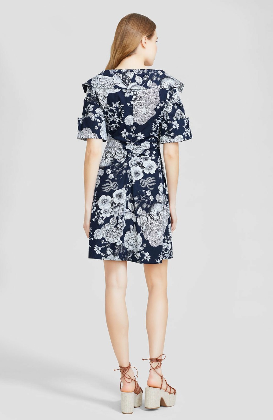 CLOTHING Lela Rose | Seascape Cotton Poplin Open Neck Shirt Dress Navy