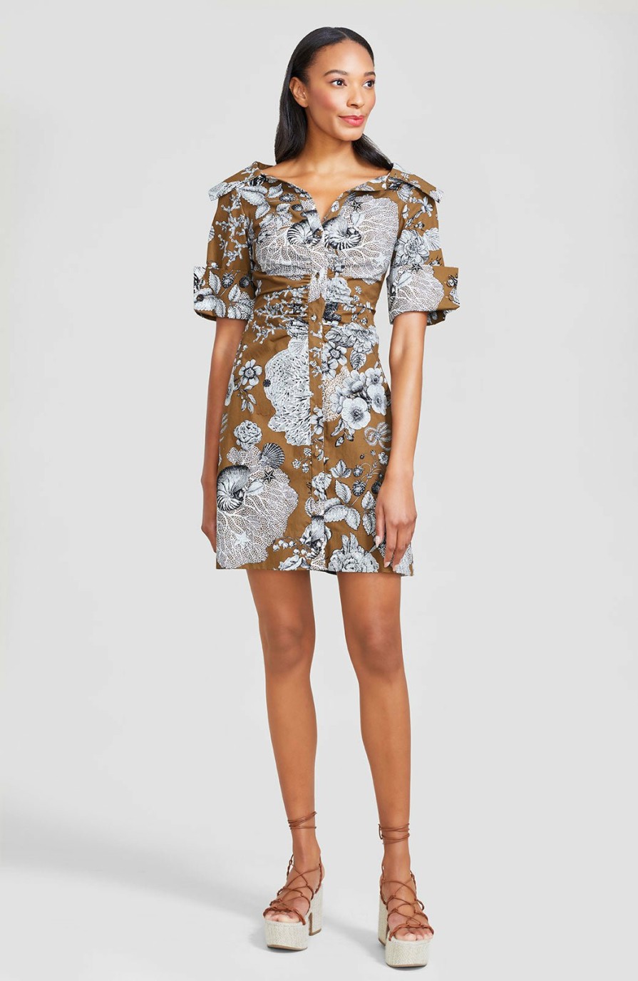 CLOTHING Lela Rose | Seascape Cotton Poplin Open Neck Shirt Dress Sandalwood