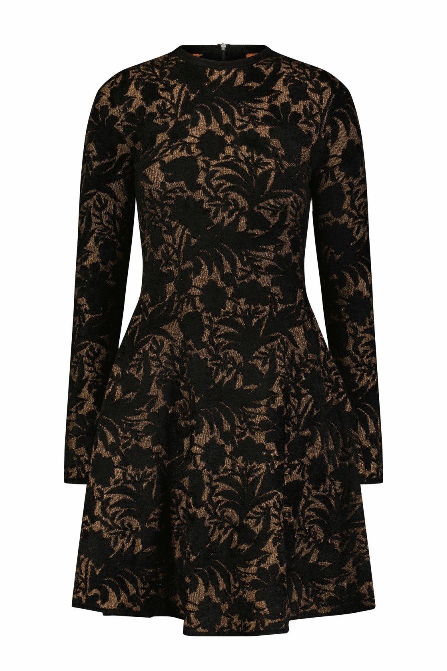 CLOTHING Lela Rose | Metallic Jacquard Knit Long Sleeve Fit And Flare Dress Black