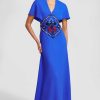 CLOTHING Lela Rose | Embroidered Wool Crepe Capelet Gown Lapis