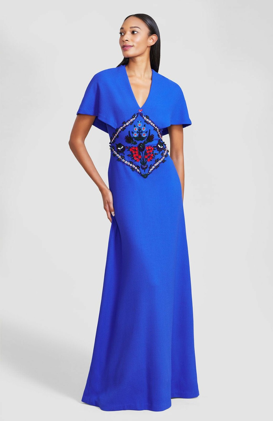 CLOTHING Lela Rose | Embroidered Wool Crepe Capelet Gown Lapis