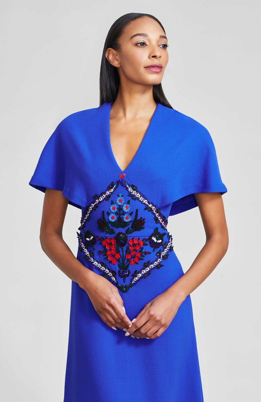 CLOTHING Lela Rose | Embroidered Wool Crepe Capelet Gown Lapis